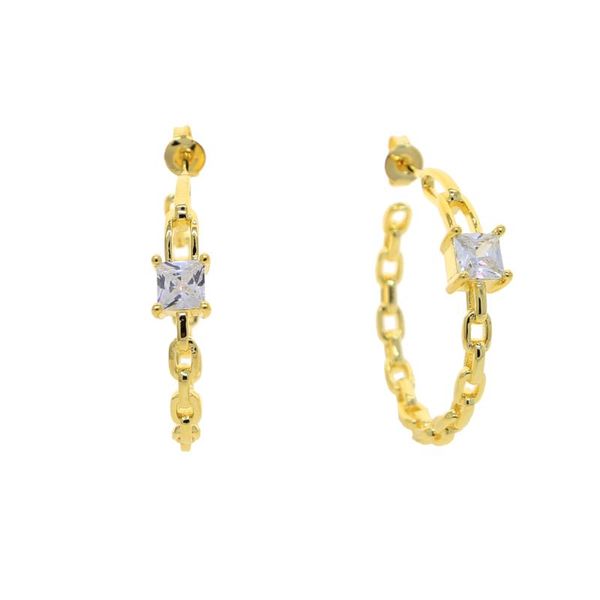 

single stone heart square cz cuban chain hoop earring gold color classic women jewelry round circle geometric & huggie, Golden;silver