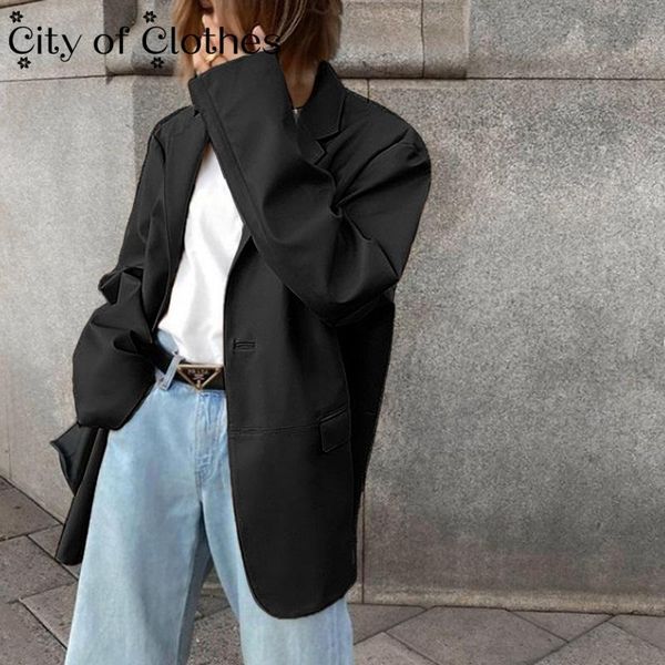 

women's jackets office style female suit loose casual elegant button jacket faux pu leather suits coat solid lady autumn 2021, Black;brown