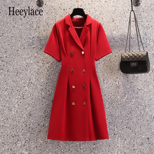 

plus size dresses office ladies notched v neck summer short sleeve double breasted high waist solid a-line midi vestidos 4xl