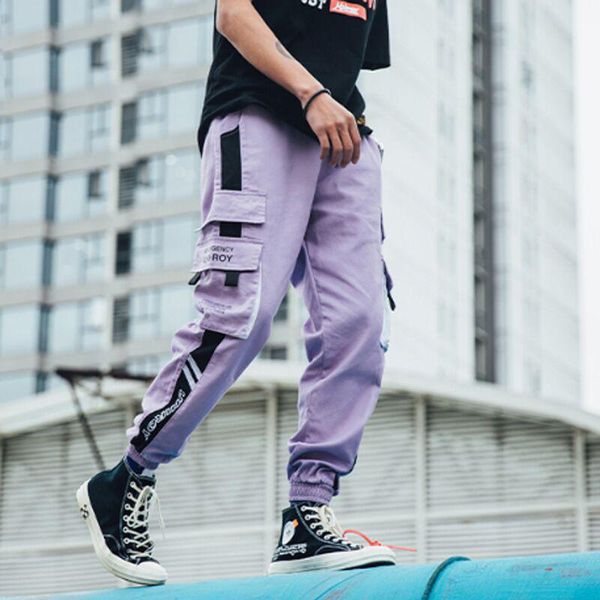 

cargo pants men streetwear casual elastic waist joggers trousers colorblock hip hop harem men's, Black