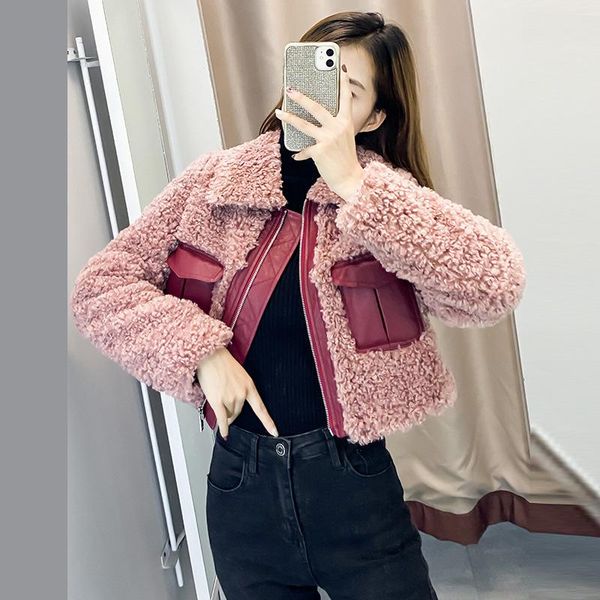 

women's fur & faux 2021 winter jacket women fashion splicing leather slim imitation lambswool locomotive short sweet outerwear ladies, Black