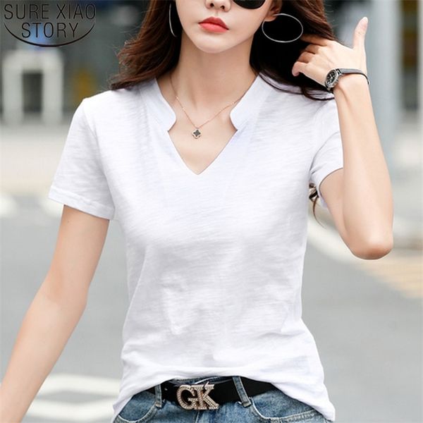 

summer loose shirt cotton short-sleeved fashion women v-neck t-shirt casual bottom lady female 14184 210421, White