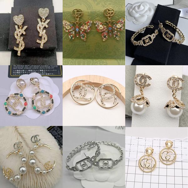 

9color 18k gold plated designers letters stud earrings crystal geometric luxury brand women rhinestone pearl earring for wedding party jewer, Golden;silver