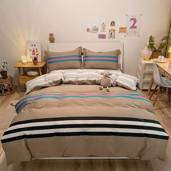 

bedding sets stripe full  4pc 100%cotton set duvet cover pillowcase flat sheet bedspreads home textiles el bedclothes bedroom
