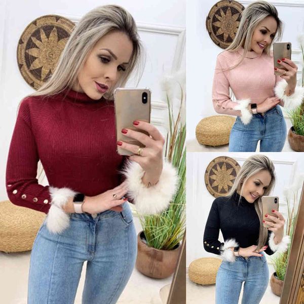 

autumn long sleeve women's sweater slim korean ladies sweaters spring plush lace bodycon black pink sweater female 210423, White;black