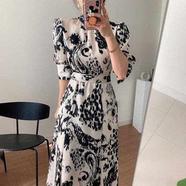 

dresses women retro elegant slim a line mid calf stand half sleeve abstract print dress lady fashion vestido feminino summer 210610, Black;gray