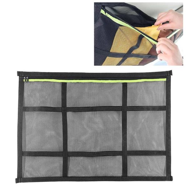 

car organizer ceiling storage net mesh drive multifunction auto stowing tidying bag with zipper buckle