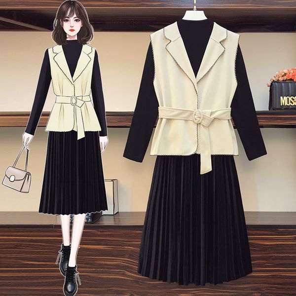 

women's two piece pants plus size autumn elegant winter 3 joint parts for women basic long sleeve knitted shirt + velvet vest plissado, White
