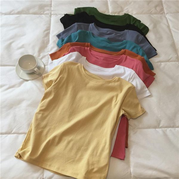 

summer women's casual solid color round neck short-sleeved t-shirt, White