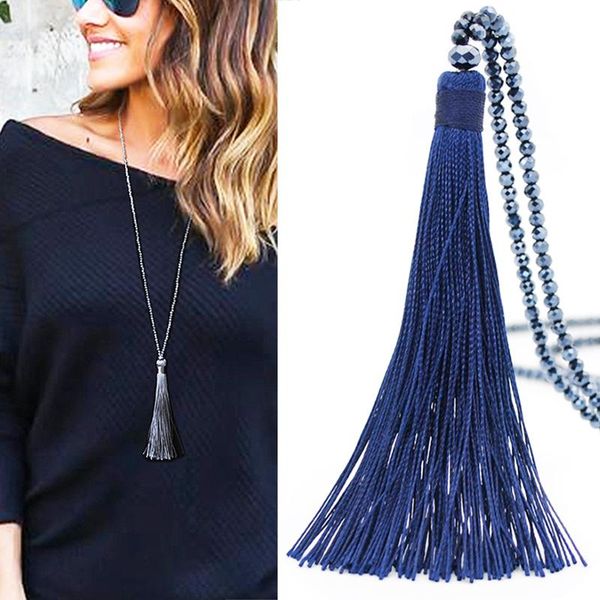 

pendant necklaces sale vintage boho long fringe tassel for women collier bohemian glass beaded crystal chain jewelry, Silver