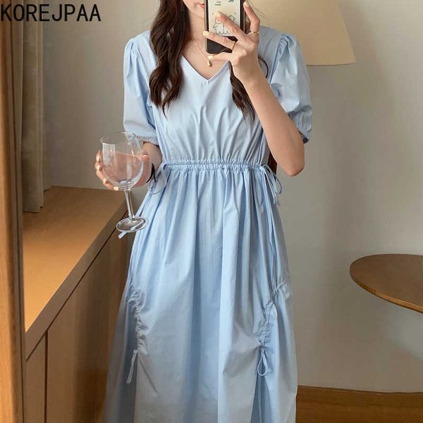 Korejpaa mulheres vestido verão coreano chique gentil leitoso azul v-pescoço de alta cintura Ruffled Draffled Design Slow Sleeve Vestidos 210526