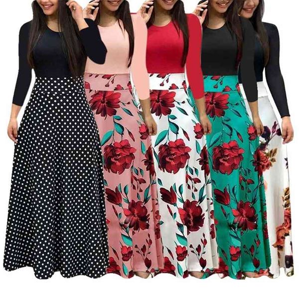 Oufisun Outono Mulheres Plus Size Vestido Vintage Boho Manga Longa Bodycon Color Block Bolinhas Patchwork Floral Es 210517