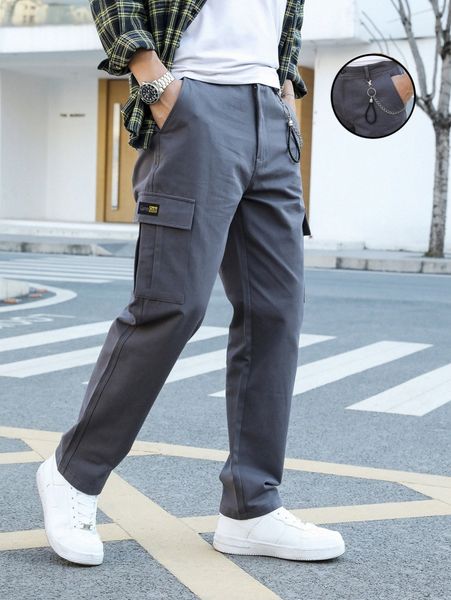 

men patched detail flap pocket cargo pants b9os#, Black