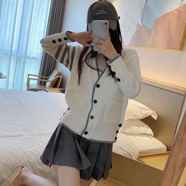 

tb knitted sweater coat women's 21 new autumn korean style four bar striped sleeve cardigan fashion, White;black
