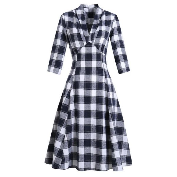 

casual dresses long sleeve autumn winter women 50s rockabilly dress plaid print elegant cotto a-line retro vintage party swing pinup, Black;gray