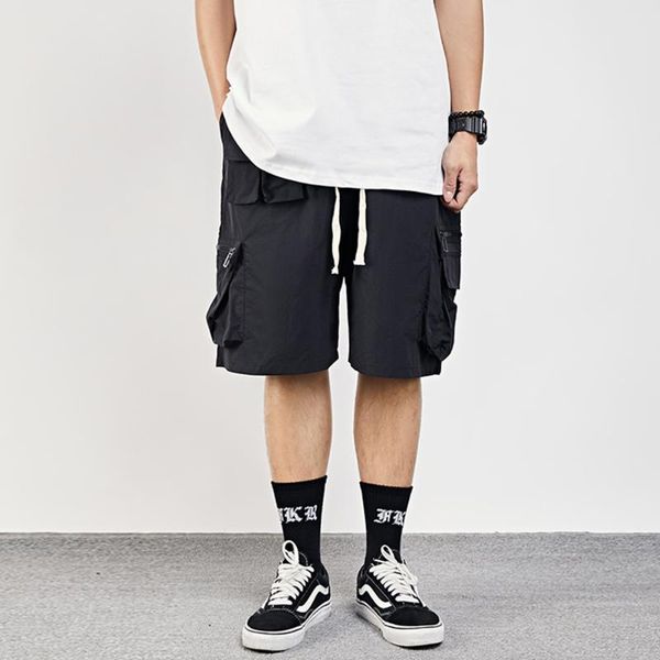 

men's shorts multi-pocket cargo mens summer safari style knee-length loose casual elastic waist half pants men, White;black