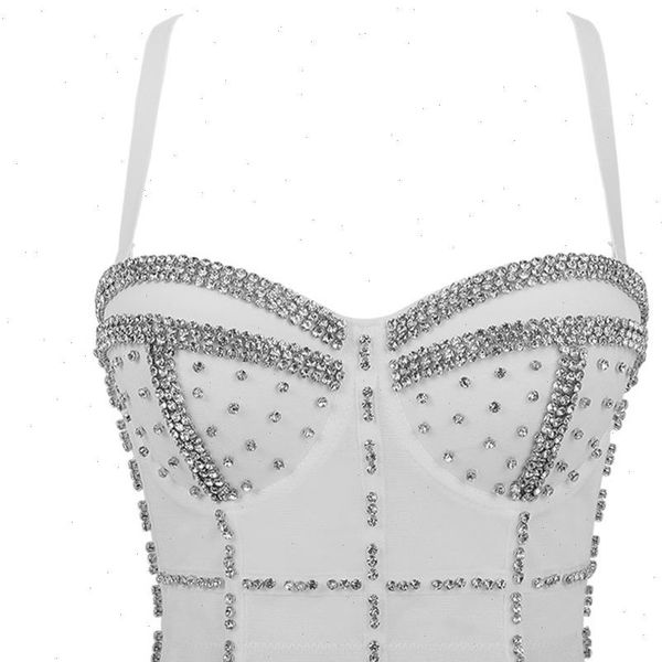 

summer rhinestone beads nightclub womens tank crop to wear out bra push up bustier corset female, White