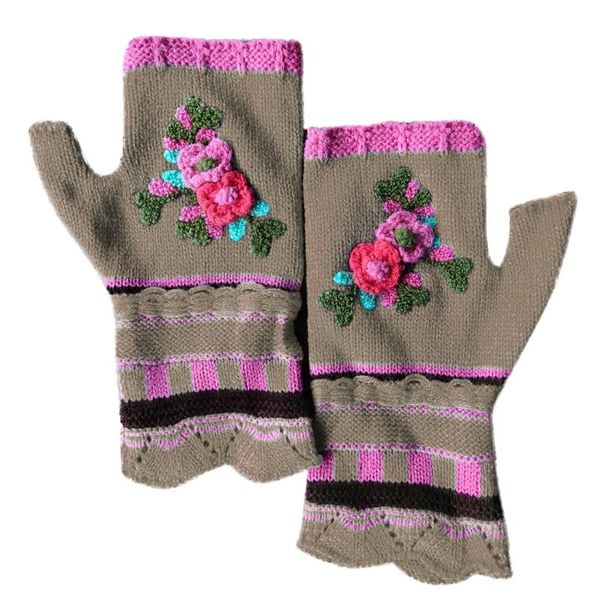 

five fingers gloves women multicolor jacquard floral fingerless knitted thumb hole mittens, Blue;gray