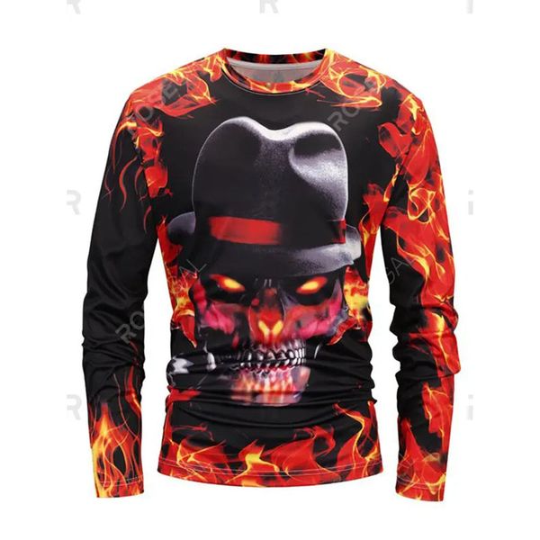

halloween men's skull fire flame 3d printing long sleeve t-shirt, Black
