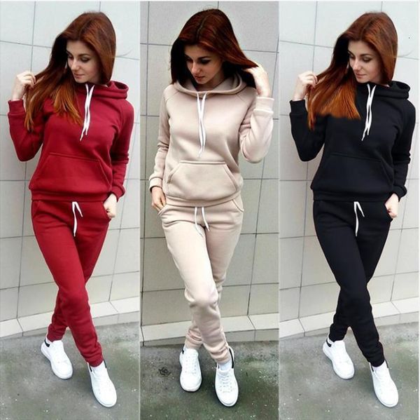 

s 5xl 2pcs autumn suit womenpant solid color fleece long sleeves hoodie elastic waist casual pants, White