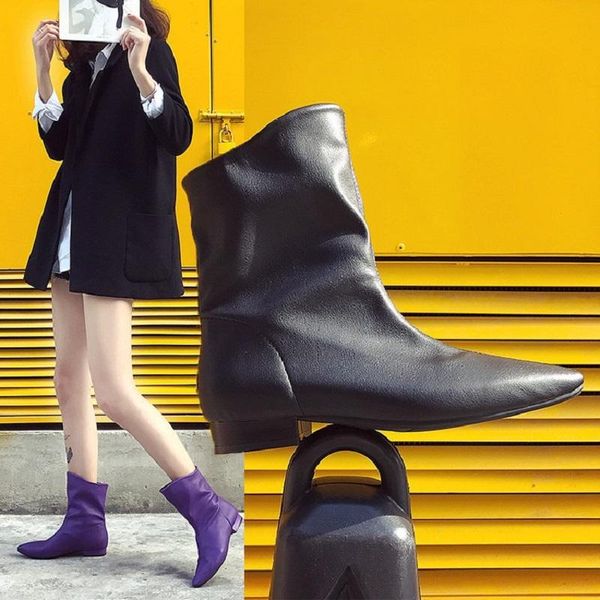 

boots 2021 spring autumn slip on ankle for women pointed toe orange beige purple leather low heel short bota feminina, Black