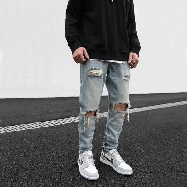 

men's pants european and american retro high street ripped zipper blue black jeans trousers slim feet beggar men