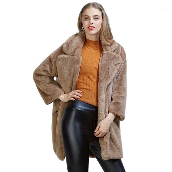 

women's fur & faux winter women loose warm coat mid-length casual thick soft plush jacket elegant solid single breasted outwear, Black