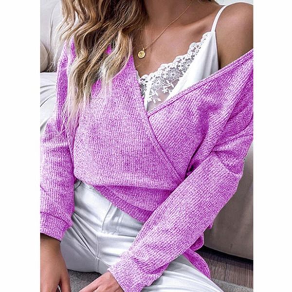 

women's blouses & shirts women deep v neck ribbed autumn lady solid knitted shirt jumper 2022 spring off shoulder long sleeve pull, White