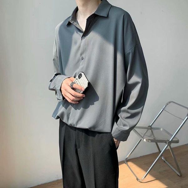 

men's casual shirts men clothing 2021 spring autumn long-sleeved shirt male ins solid color korean style trendy handsome loose top, White;black