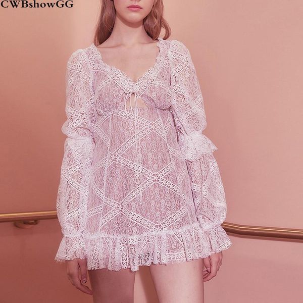 

casual dresses 2021 spring and summer designer hollow out cross backless white lace long sleeve vintage women party vestidos dress, Black;gray