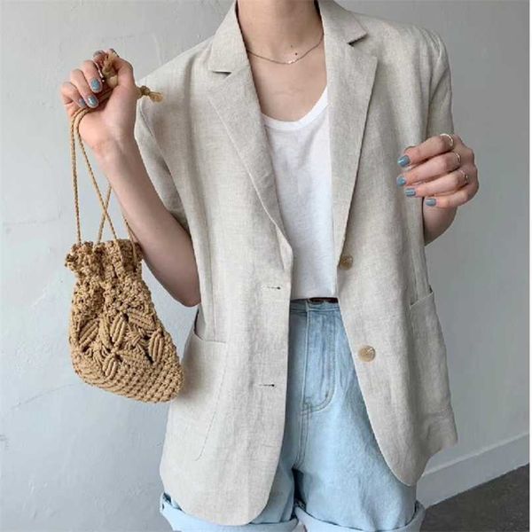 

[ewq] minimalism women black casual linen blazer notched short sleeve loose fit jacket fashion autumn summer f0485 211019, White;black