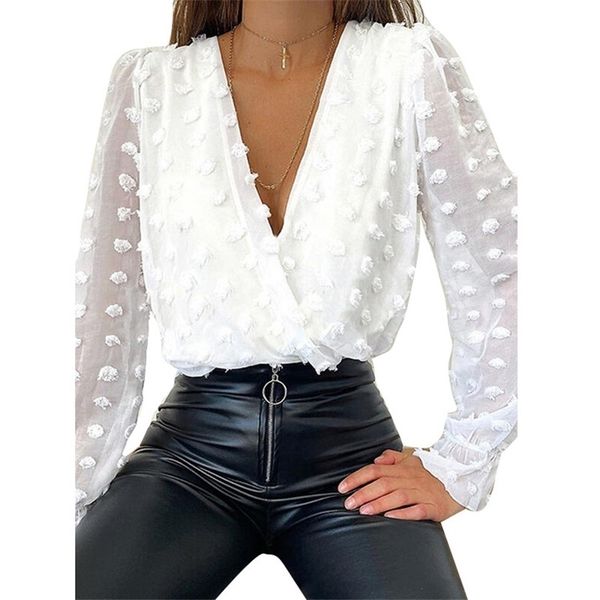 

women's knits & tees spring long sleeve white wrap blouses chiffon women loose print fashion shirt ladies v neck black office chic