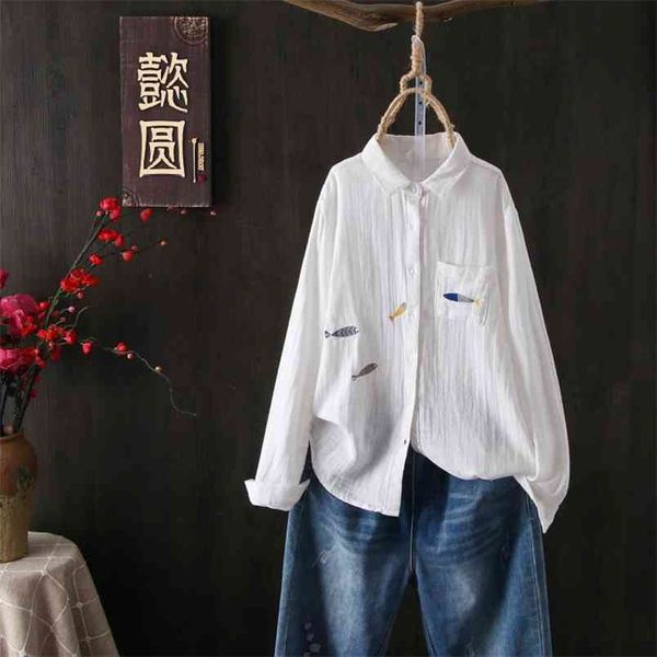 

spring arts style women long sleeve embroidery white blouse 100% cotton turn-down collar casual shirt ladies s574 210512