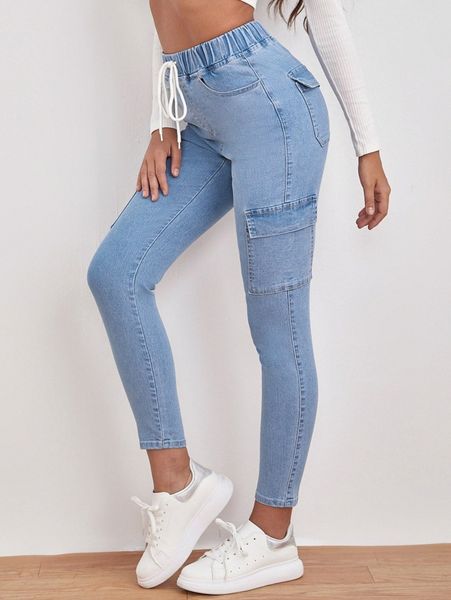 

drawstring waist flap pocket jeans t4kq#, Blue