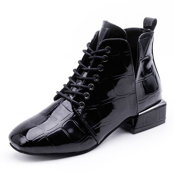 

new fashion ankle boots for women shoes woman solid black patent leather women boots round toe lace up winter boots botas mujer