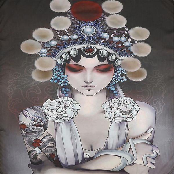 

scarves chinese style originality peking opera square silk scarf for women head print fashion 70*70cm bandana, Blue;gray