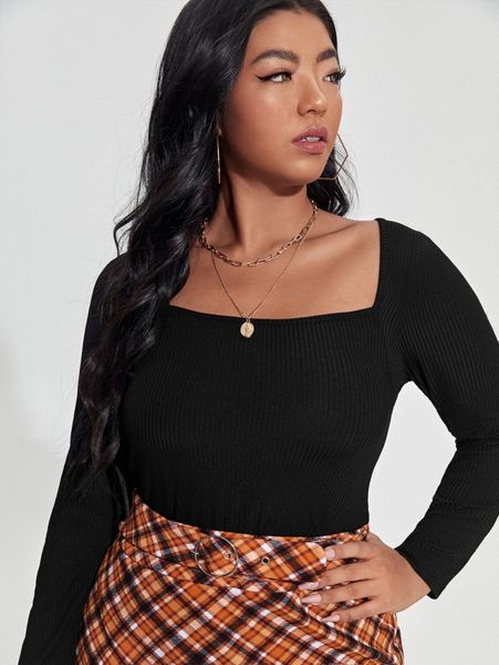 

plus square neck rib-knit tee d4vo#, Black