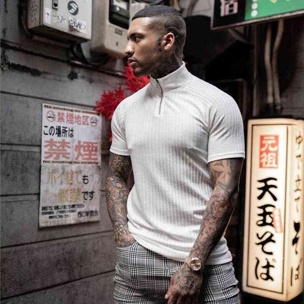 

new brand fitness t-shirt men summer man knitted tshirt fashion streetwear gym clothing zipper stand short sleeve tee shirt 210421, White;black