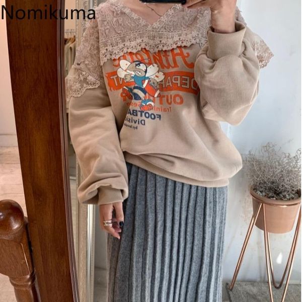 

women's hoodies & sweatshirts nomikuma v neck anime lace patchwork long sleeve korean sweet cartoon printed sweatshirt female autumn ou, Black