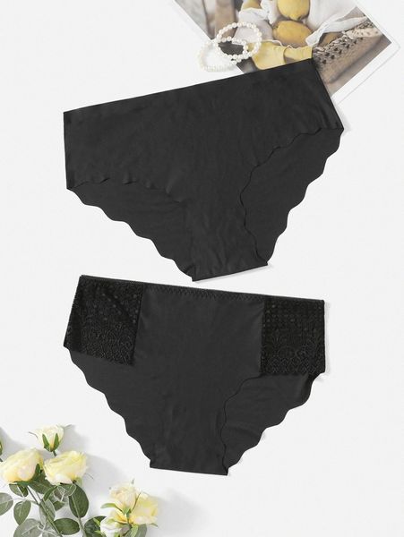 

2pack plus scallop trim seamless panty set y8vu#, Black;white