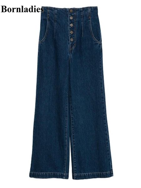 

bornladies 2021 spring woman bottoms high waist back cross drawstring baggy wide leg jeans trousers sweet fashion japanese pants women', Blue