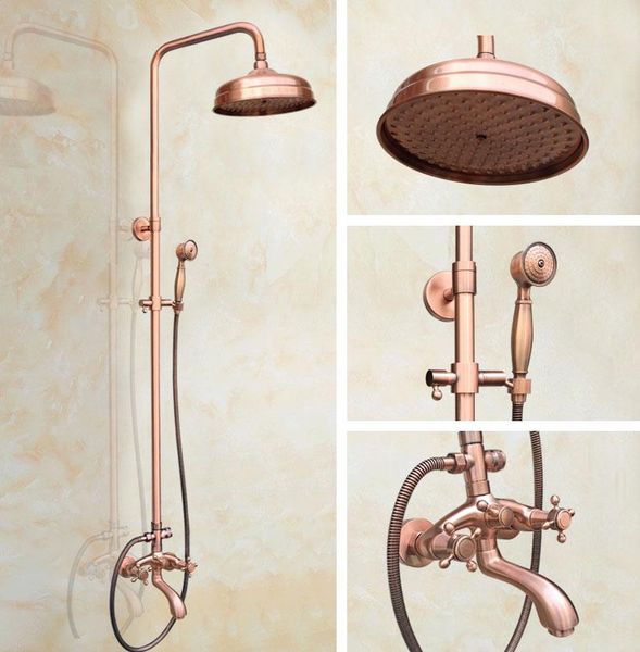 

antique red copper brass dual cross handles bathroom 8" round rain shower head faucet set tub mixer tap wall mounted mrg501 sets