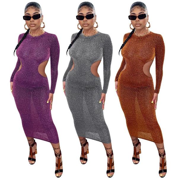 

casual dresses zoctuo shinning long sleeve dress hollow out maxi for women party night club wear bodycon robe clothing vestidos, Black;gray