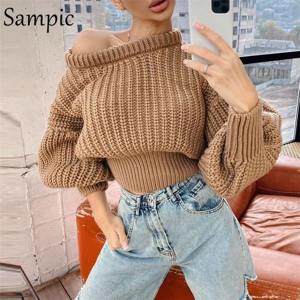 

women's sweaters sampic autumn 2021 o neck pullover knitted long puff sleeve cropped sweater women winter white oversized jumpers, White;black