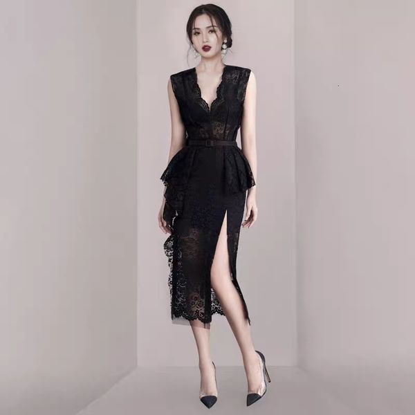 

casual dresses runway summer bodycon lace long women elegant black hollow ruffles sleeveless with belt mmu0, Black;gray