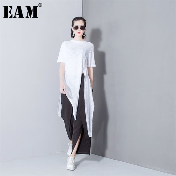 

[eam] women white solid color asymmetrical vent long t-shirt round neck short sleeve fashion spring summer t298 210708
