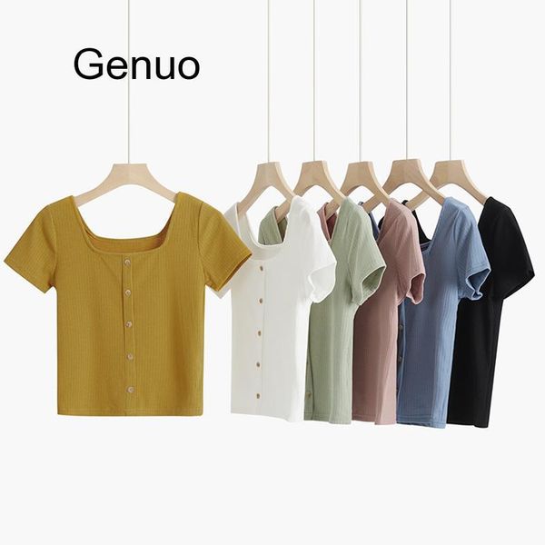 

women's t-shirt women 2021 summer buttoned casual knitted skinny t shirt short sleeve button tee female solid, White