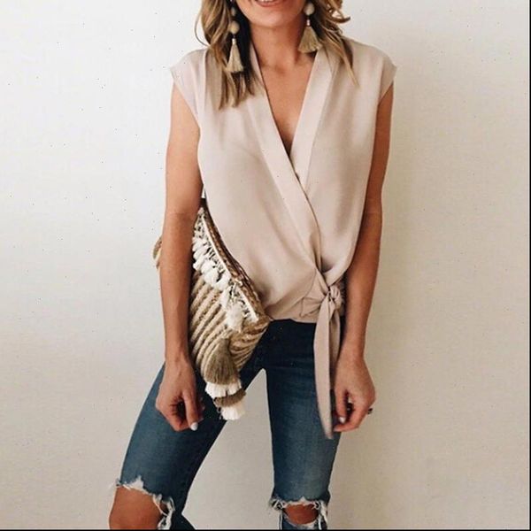 

elegant summer and fashion womens shirt v neck side bow party shirts female sleeveless blusas feminina, White