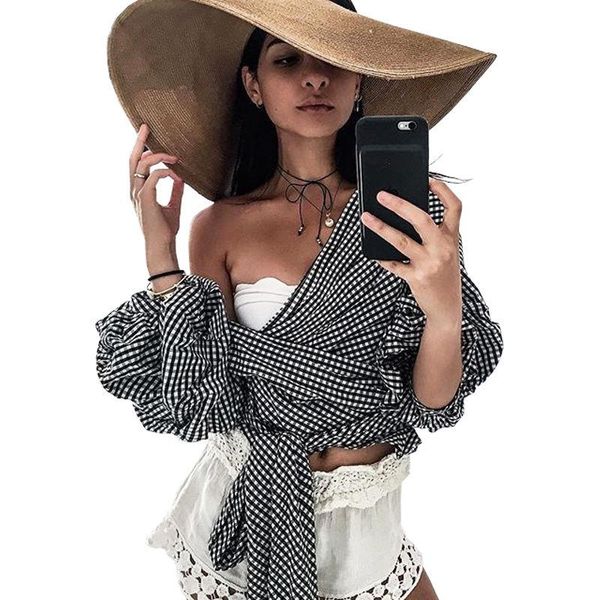 

women's blouses & shirts fashion women v-neck paid long puff sleeve waist tie cross off shoulder sashes short shirt blouse, White