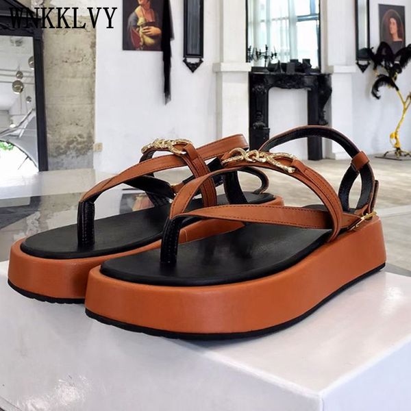 

flip flops new metal chain flats heel clip toe women shoes platform ankle strap sandals women casual gladiator sandalias, Black